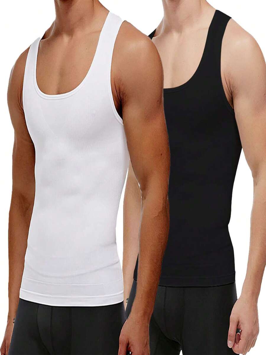 Men Body Shaper Compression Vest Undershirt Seamless Waist Trainer Tank Top Belly Control Workout Shapewear Menswear Slim Fit - 黑色 - 查看 1