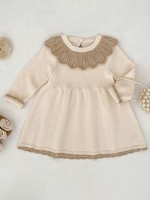 Autumn New Baby Girl Knitted Long Sleeve Dress, Elegant Floral Ruffled Princess Sweater Dress - Apricot - View 1