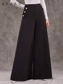 Aliao Excellent Slant Pockets Oversized Wide-Leg Trousers, All Black, Back To School, Basic, Autumn & Winter, Elegant, Modest, Business Casual Woman, Homecoming, Bohemian