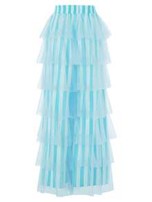 Women's Long Tiered Ruffled Tulle Pants High Waist Stripe Print Layered Mesh Wide Leg Palazzo Pants For Club Party - 藍色 - 查看 4