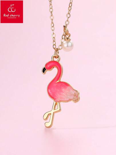1pc Girls' Zinc Alloy Colorful Flamingo Pendant Necklace With Gold Chain, Cute Jewelry For Daily Wear