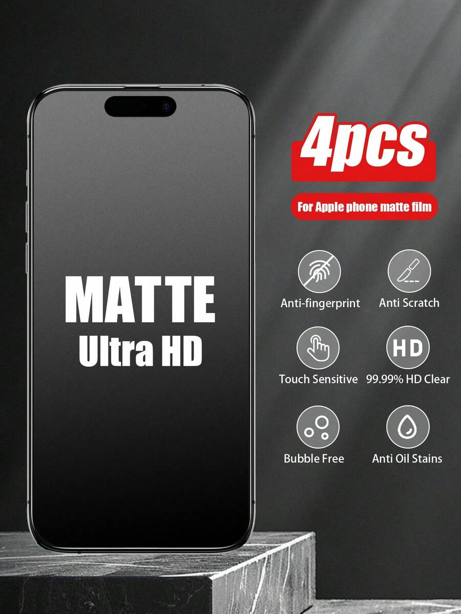 4 件兼容 16e/16/15/14/13/12/11 Pro Max/XR/X/XS Max/7/8 Plus 系列，6.1 英寸磨砂屏幕保护膜，防眩光防刮钢化玻璃膜，全覆盖，光滑灵敏触感，适合作为生日、家人、朋友的礼物，手机屏幕保护膜，手机配件屏幕保护必需品，适用于日常防护、办公室、家庭防水防震防摔防刮