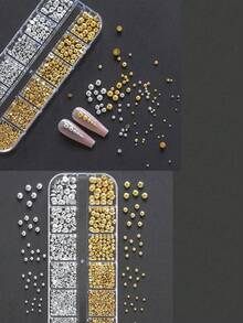 12 Grids Half Round Gold+Silver Pearls Nail Charms Metallic Flat-Back Beads Ball Mixed Size Nail Pearls DIY Nail Gems Nail Supplies - vàng và bạc - Xem 10