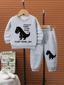 Baby Girl Casual Dinosaur Print Crew Neck Sweatshirt And Pants Set, Autumn/Winter