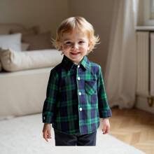 男婴时尚户外运动休闲格子长袖衬衫，可爱蓝绿色，春/秋