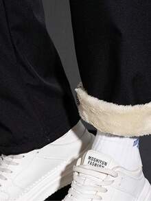 2 Piezas Set, Pantalones de lana de cordero cálidos de invierno para hombres, pantalones rectos casuales con bolsillos con cremallera y cordón, cómodos y fáciles de combinar.