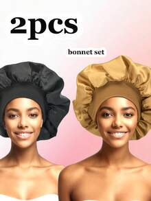 2 件套帽子套装，黑色及多种颜色组合，丝绸帽子，缎面帽子，丝绸睡眠发帽，大号帽子，柔软时尚睡帽和日常护发帽。