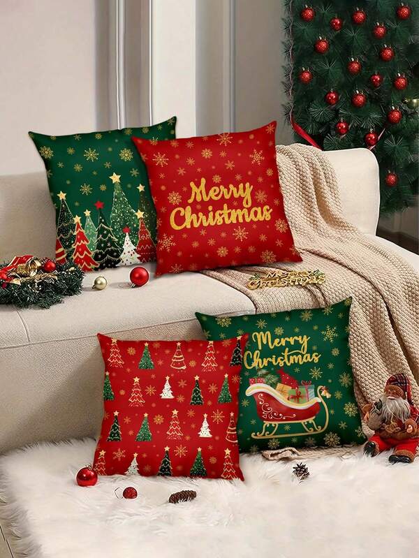 4 pezzi Federe per cuscini natalizi, 45x45cm, motivo albero di Natale rosso e verde, adatte per divano e decorazione della casa - stampa monofronte, chiusura con cerniera, adatte per la decorazione del soggiorno (inserto per cuscino non incluso)