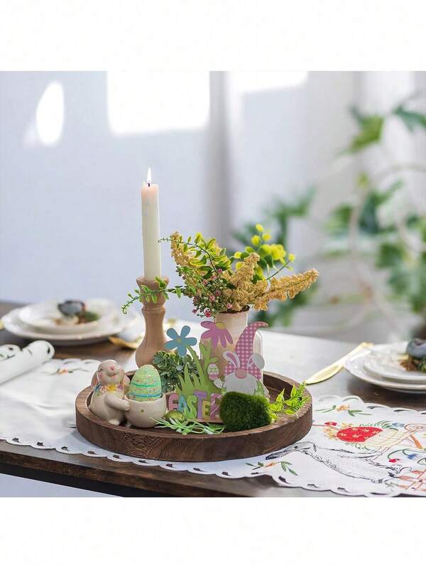 1 pieza Bandeja decorativa de madera vintage, base portavelas redonda, plato de almacenamiento de escritorio estilo granja, adecuado para decoración de fiestas, cumpleaños y días festivos