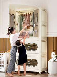 Foldable Wardrobe,Storage Cabinet With Hanging Area & Multi-Layer Drawers,Seasonal Clothes Storage, 70CM Large Capacity Cute Bear Design Closet Organizer For Chlidren Room, Bedroom Nursery Space Saving Storage For Clothes Toys Daily Sundries - Beige - View 4