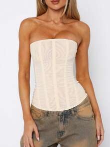 Women's Vintage Strapless Corset Tops Zip Back Boned Mesh Bustier Bodyshaper Tube Top - Màu be - Xem 1