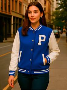 Chaqueta Casual Estilo Universitario para Mujer – Varsity - Azul rey - Ver 2