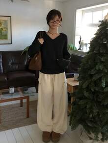 宽松V领纯色休闲套头衫，韩版风格 - 黑色 - 查看 4