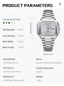 POEDAGAR Luxury Square Stainless Steel Date Day Quartz Wristwatch, Business Waterproof Luminous Men's Watch, Casual Men's Wristwatch, Suitable For Daily Occasions, Men's Birthday Gift