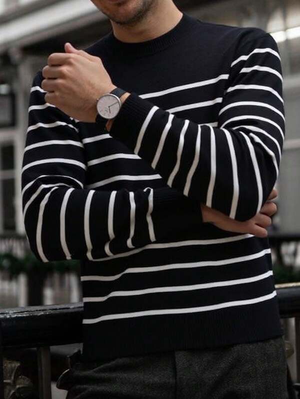 Jersey de punto de cuello redondo a rayas negro para hombre, de manga larga, para otoño e invierno
