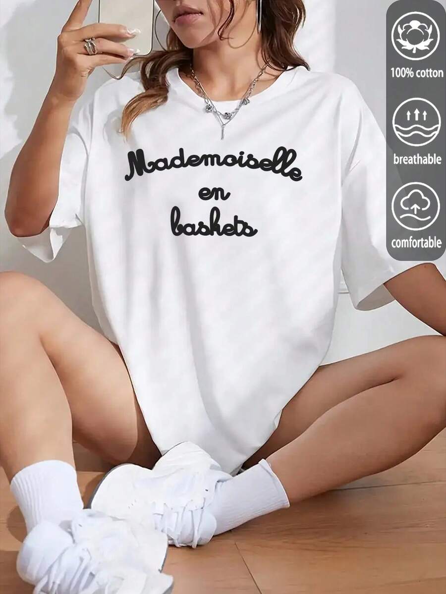 1 pièce T-shirt casual à manches courtes en 100% coton pour femmes avec l'impression élégante française "Mademoiselle En Baskets", plein d'énergie et de charme. - Blanc - Voir 1