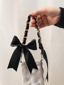 1pc Phone Lanyard With Bowknot, Metal Chain Scarf Braided Cord Phone Charm Accessory, Ribbon Electroplated Decor