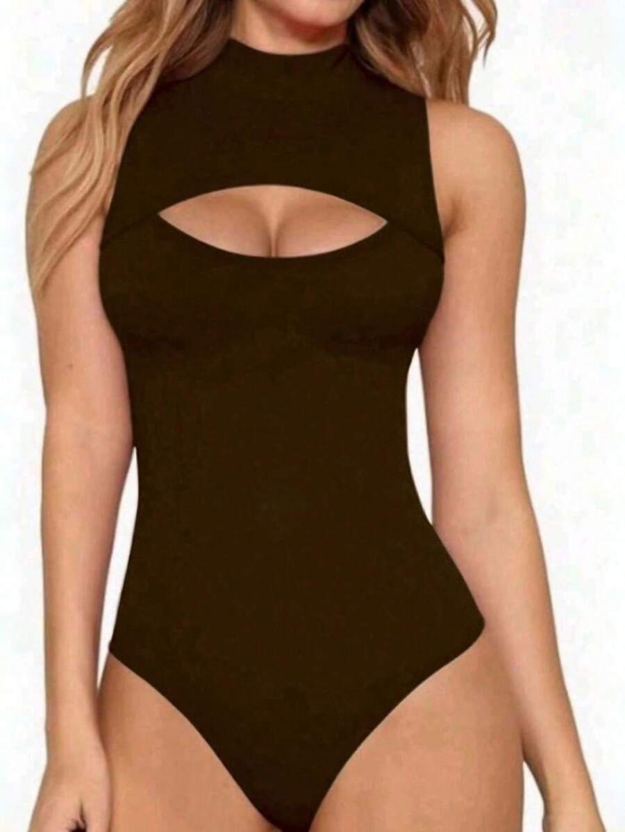 Women's Bodysuit With High Neck And Cutouts, Ideal For Summer Use - 棕色 - 查看 1