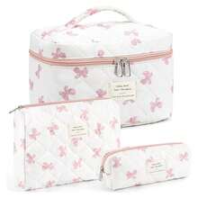 Makeup Bag For Women 3PCS, Quilted Cotton Cosmetic Bag Set, Large Travel Makeup Organizer With Bow, Floral Toiletry Pouch For Gifts - 如圖962 - 查看 1