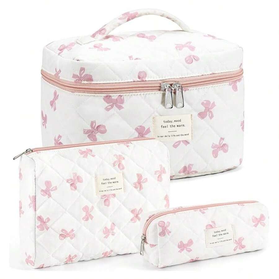 Makeup Bag For Women 3PCS, Quilted Cotton Cosmetic Bag Set, Large Travel Makeup Organizer With Bow, Floral Toiletry Pouch For Gifts - 如圖962 - 查看 1