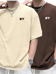 Kit 2 NY T-Shirt Basic Casual Men's Streetwear Top Colors - 咖啡色+米色 - 查看 4