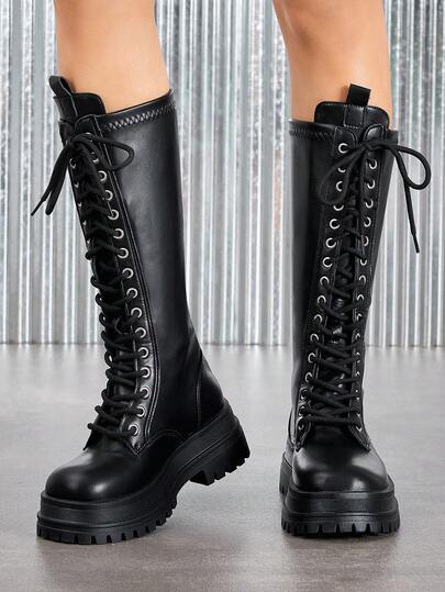 Women's Classic Round Toe Thick Sole Sexy Back Zipper Boots, Leather & PU Material, Elegant & Comfortable Lace-Up Knee-High Flat Boots For Autumn/Winter