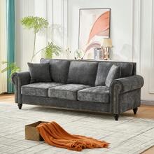 YOGLAD Modern 3+2 Seater Sofa Set With Rolled Arms, Chenille Upholstered Couch For Living Room, Apartment, Small Space, Loveseat With Soft Velvet Fabric, 3-Seater With High-Density Foam, Wooden Legs, Nailhead Trim, Gold Rivets, Curved Armrests, Comfortable Sectional Sofa For Family, Grey/Black Contemporary Furniture - 灰色 - 查看 6