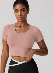 Soyun 女士无缝瑜伽上衣，裸色触感，带衬垫胸罩，适合户外瑜伽 - 粉色 - 查看 5