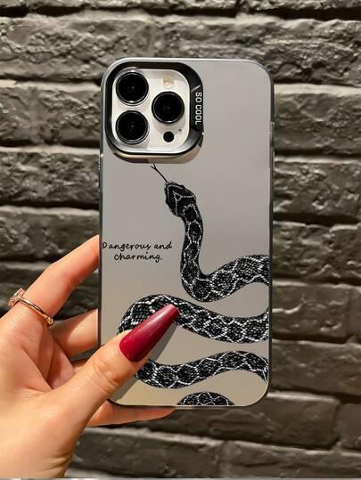 1pc Black Snake Tongue English Text Graphic Full Coverage TPU Shockproof Phone Case, Compatible With Apple 16, 15, 14, 13, 12, 11 Pro Max, Series