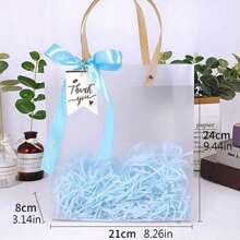 Bolsa de regalo azul + Cinta azul + Colgante de tarjeta + Conjunto de decoración de hierba falsa de imitación, reutilizable, diseño de mano, adecuado para embalaje de regalos de fiesta, recuerdos de boda, embalaje de productos minoristas, cumpleaños, embalaje de recuerdos, regalos románticos y embalaje de regalos para expresar amor, Navidad