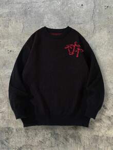 Men's European & American Street Cross & Letter Double-Sided Jacquard Pattern Crew Neck Long Sleeve Pullover Sweater, Casual Loose Versatile Top, Suitable For Spring, Autumn & Winter - Black - View 2