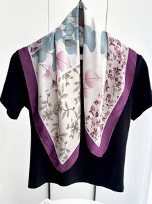 1pc Women's Elegant/Retro Fashion Printed Lightweight Satin-Like Square Scarf/Headscarf, Can Be Worn As Scarf, Shawl, Neck Scarf, Lightweight And Comfortable, Suitable For Daily Wear, Can Also Be Paired With Headscarves, Robes, Headpieces, Suitable For Spring, Summer, Autumn, Also An Ideal Gift Choice For Mother's Day And Women's Day. - Purple - View 3