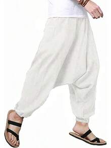 Mens Womens Harem Pants Loose Fit Boho Yoga Hippie  Drop Crotch Trousers-20256688 - 米色 - 查看 3