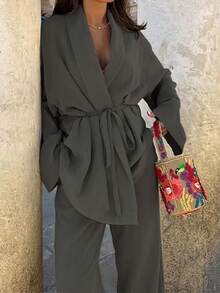 Women's Fashion Drawstring Waist Long Sleeve Cardigan Shirt & Wide Leg Pants Set, Solid Color Casual Summer Outfit - Grey - View 7