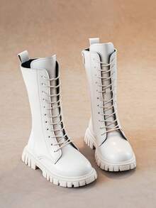 女童秋冬靴子，新款儿童高筒靴，英伦风中筒靴，厚底靴，公主皮靴，学生鞋，小女孩高筒靴 - 米色 - 查看 4