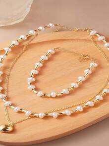Pearl Necklace And Bracelet Set With Pendants - 白色 - 查看 2