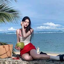 おしゃれでホットな白キャミソールレディース夏インナーレースチェック柄ブラジャー3点セット純粋な欲望ショートトップ - レッド - チェックする 6