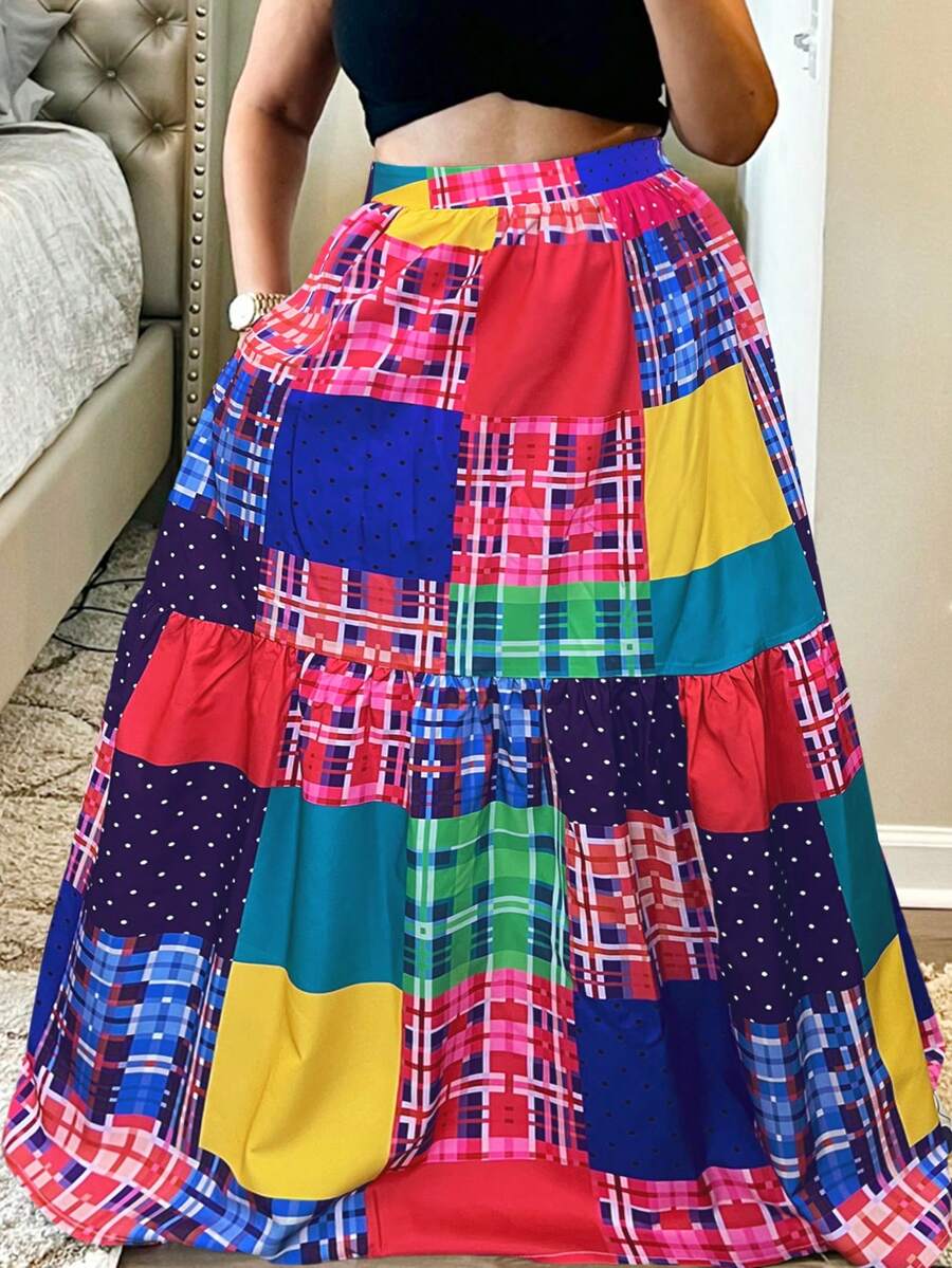 Plus-Size-Holiday Chic Bohemian Plaid Print Patchwork Elastic Waist Waist Side Pocket Half Skirt. - Pink - View 1