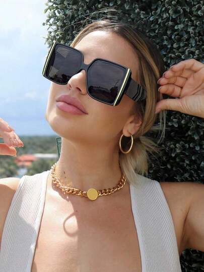 1 Piece Square Large Frame Fashion Glasses, Summer, Woman, Glasses, PC Material Lightweight And Comfortable, Y2K Style, Back To School Season, Holiday Essential, Travel Essentials, Suitable For Beach Party, Street Wear, Selfie