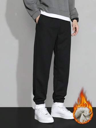 Men's Autumn & Winter Outdoor Trekking, Fishing, Camping, Mountain Climbing, Fitness, Running, And Casual Fashion Thick Thermal Lined Cargo Pants With Large Pockets, Elastic Drawstring Waistband, Slant Pockets, And Cuffed Hems In Black