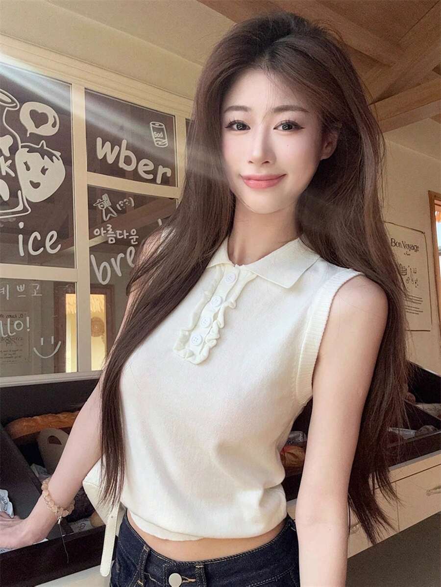 复古风格 Polo 领无袖针织上衣，时尚修身背心 - 白色 - 查看 1