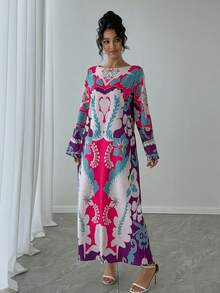 1 件女式圆领喇叭袖长袖超长连衣裙，全身印花休闲连衣裙，优雅阿拉伯风格连衣裙，奢华晚会节日长袍 - 紫色 - 查看 6