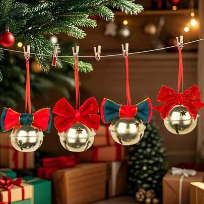 1 件/5 件圣诞蝴蝶结铃铛，多色可选，经典金属雪橇铃铛带蝴蝶结，圣诞树悬挂装饰，节日派对，家居和工艺品 - 适合各种场合的什锦装饰铃铛，节日装饰，派对礼物