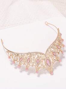 1pc Princess Crown Party Headpiece, Luxury Crystal Alloy Tiara - Pink - View 4