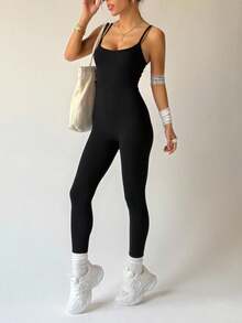 Women Spring/Summer Casual Solid Color Slim Fit Jumpsuit With Spaghetti Straps - Black - View 3