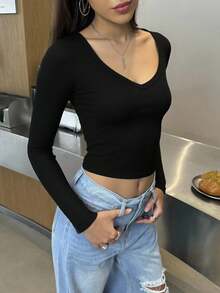 Damen Slim Fit V-Ausschnitt Sexy Langarm Y2K Unterhemd