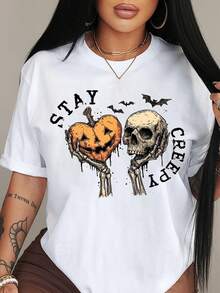 Stay Creepy, Retro Dripping Heart Halloween, Skeleton Hand Spooky Graphic, Grunge Horror  Design , Skeleton,Women's Plus Size Crew Neck Tops, Ideal For Halloween Gifts And Halloween Wear - White - View 1