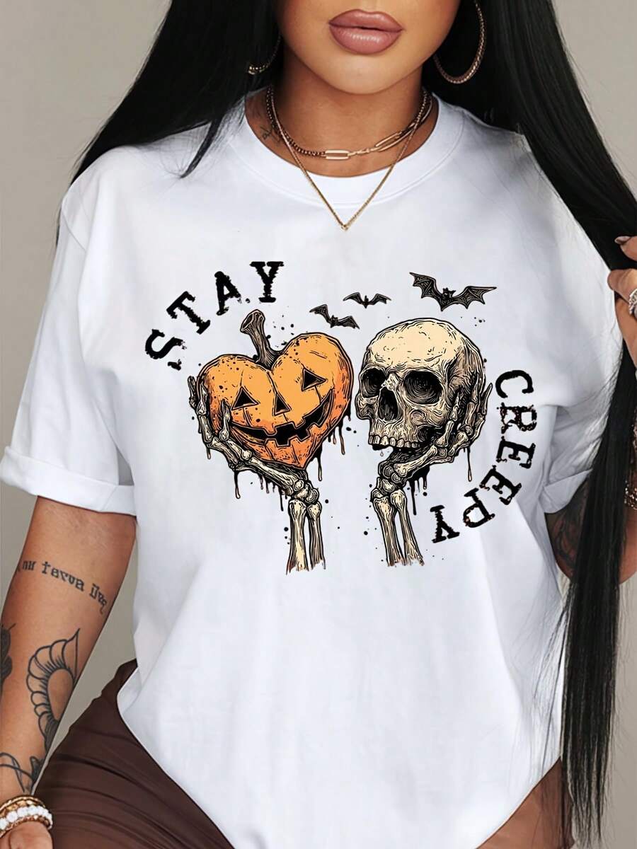 Stay Creepy, Retro Dripping Heart Halloween, Skeleton Hand Spooky Graphic, Grunge Horror  Design , Skeleton,Women's Plus Size Crew Neck Tops, Ideal For Halloween Gifts And Halloween Wear - White - View 1