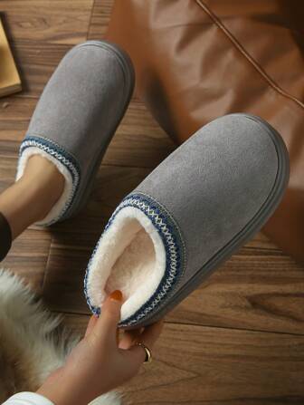 Women's Faux Suede Fluffy Slippers, Thick Sole Closed Toe Slippers, Winter Fashion Outdoor Snow Shoes, Slip-On Slippers Suitable For Indoor And Outdoor, TPR Anti-Slip Sole