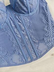 Lace Bustier Corset | Mesh Insert Spaghetti Straps Slim Fit Top - Màu xanh bụi bặm - Xem 5